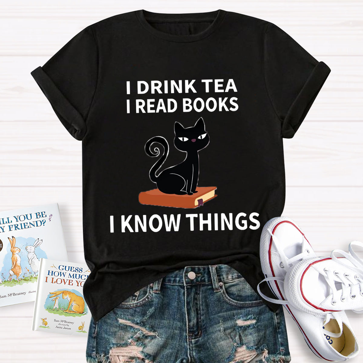 I Drink I Read Books I Know Thing Cute Cat T-Shirt