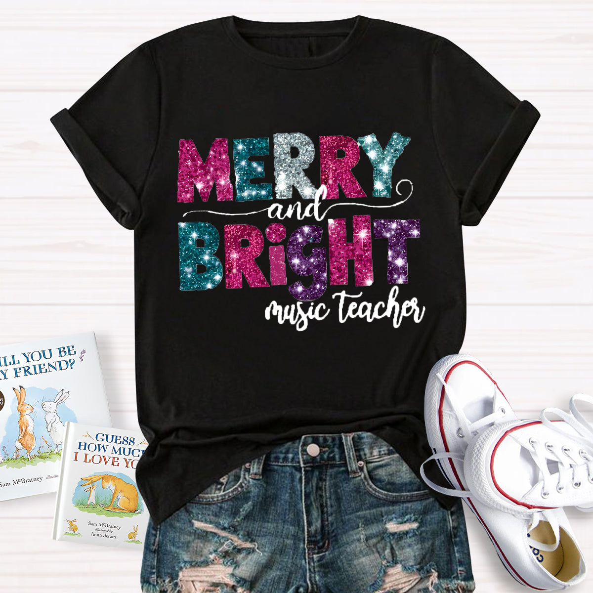 Personalized Subject Merry and Bright Teacher T-Shirt