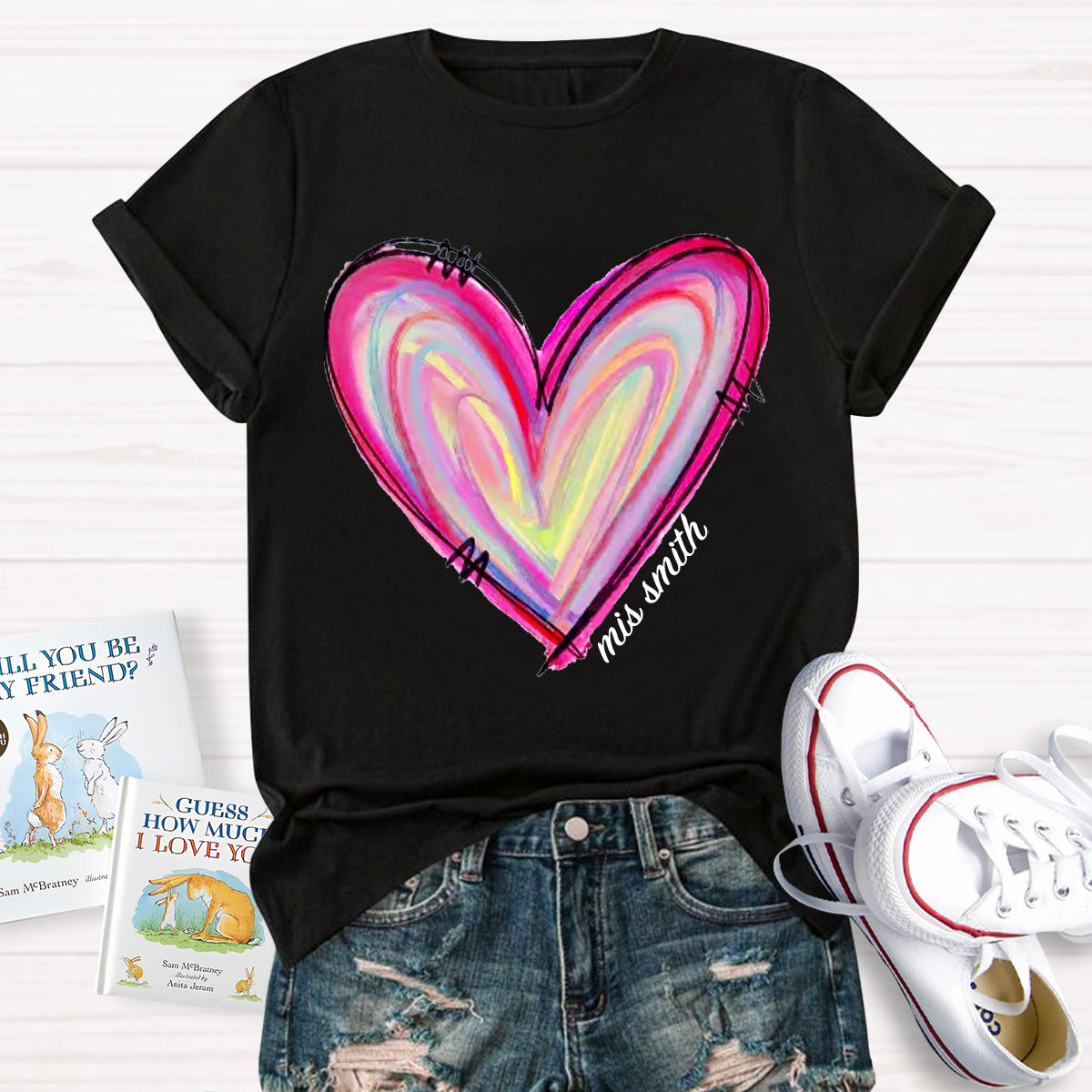 Personalized Name Art Painted Heart Teacher T-Shirt