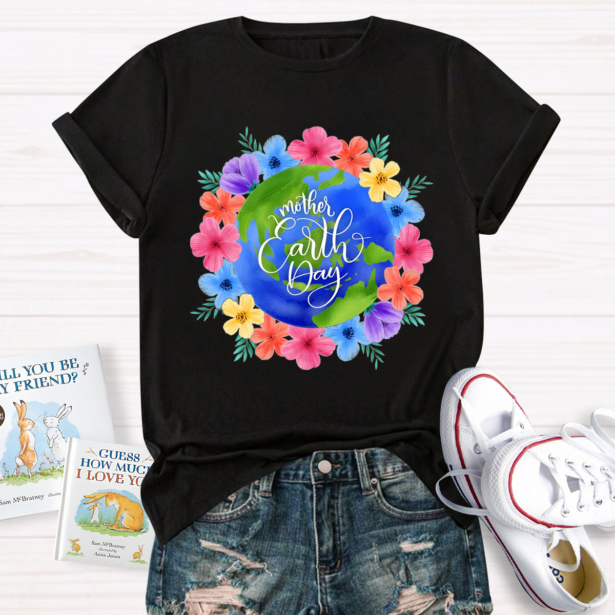 Blue Earth Day Floral Teacher T-Shirt