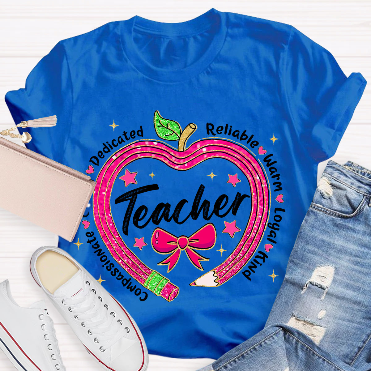 Reliable Warm Glitter Apple Pencil Heart Teacher T-Shirt