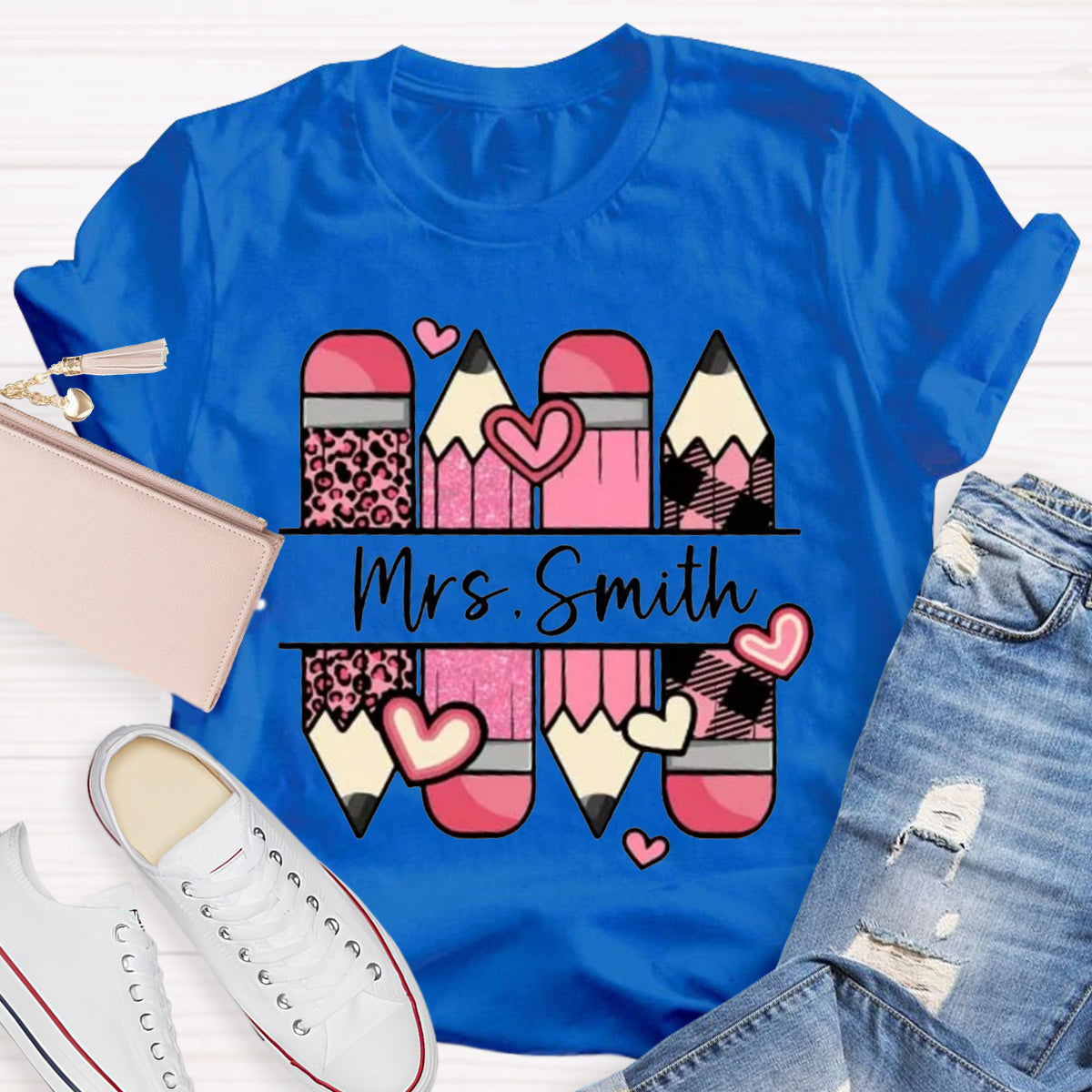 Personalized Name Pink Pencil Heart Mrs Smith T-Shirt