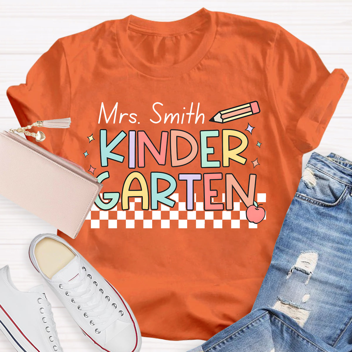 Personalized Name And Grade Checkerboard Teacher T-Shirt