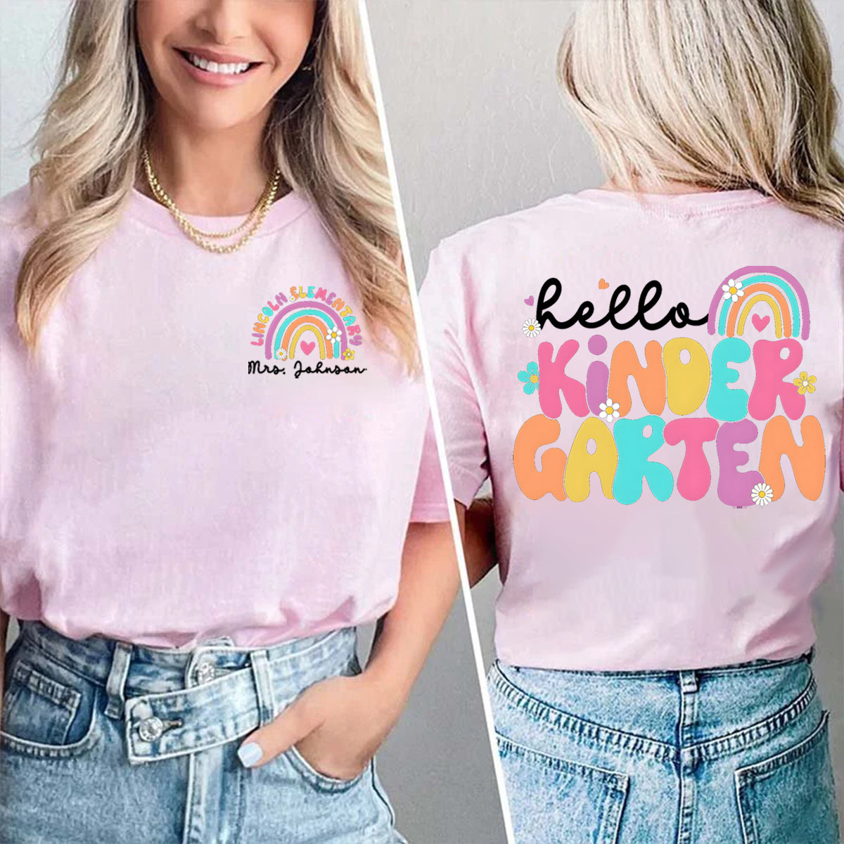 Personalized Grade And School Name Teacher's Name Double Printed T-shirt