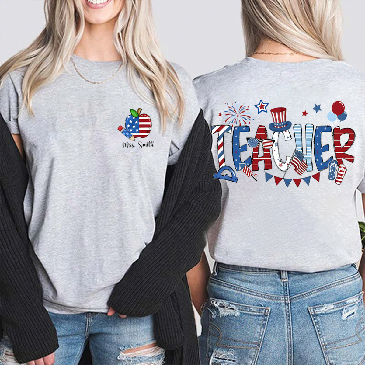 Personalized Name US Flag Apple Double Printed T-shirt