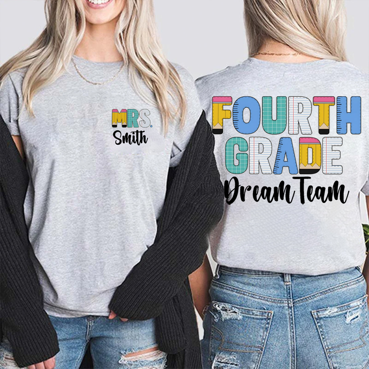 Personalized Grade And Name Double Colorful Pencil Printed T-shirt