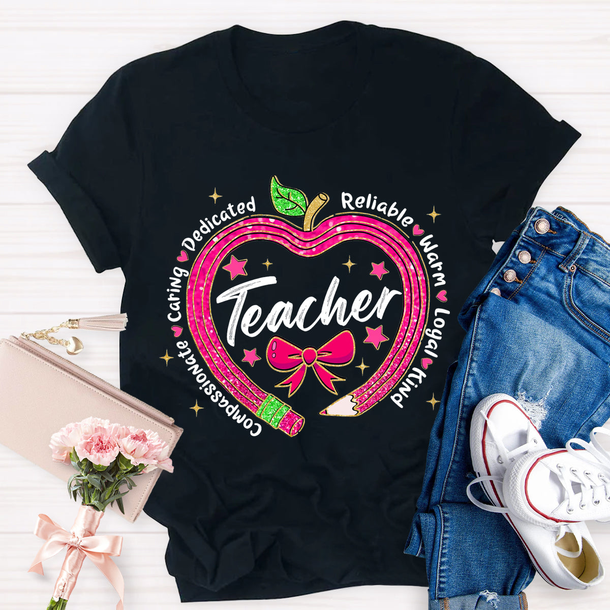 Reliable Warm Glitter Apple Pencil Heart Teacher T-Shirt