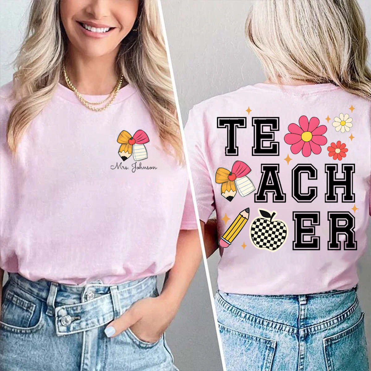 Personalized Name Pink Apple Bow Double Printed T-shirt