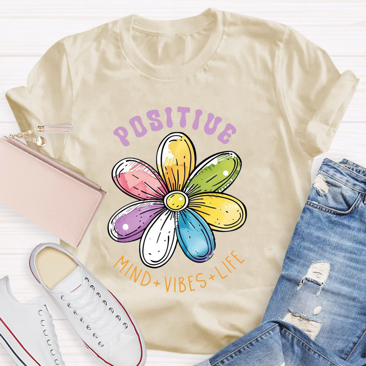 Positive Mind Vibes Life Floral Teacher T-Shirt