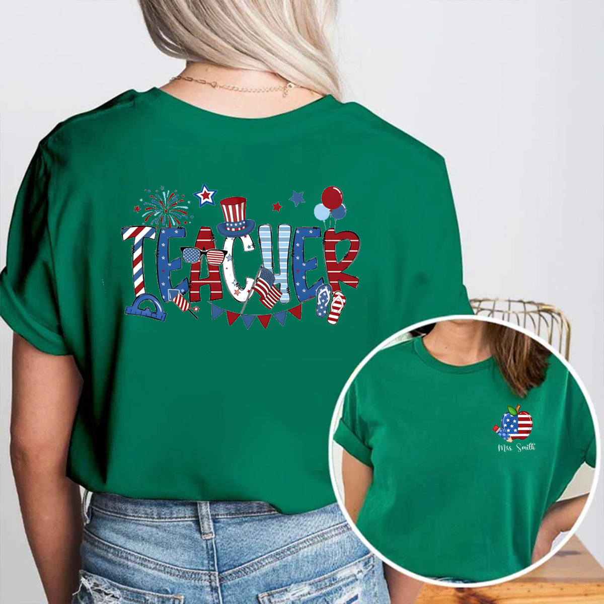 Personalized Name US Flag Apple Double Printed T-shirt