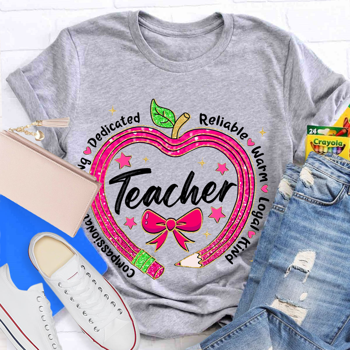 Reliable Warm Glitter Apple Pencil Heart Teacher T-Shirt