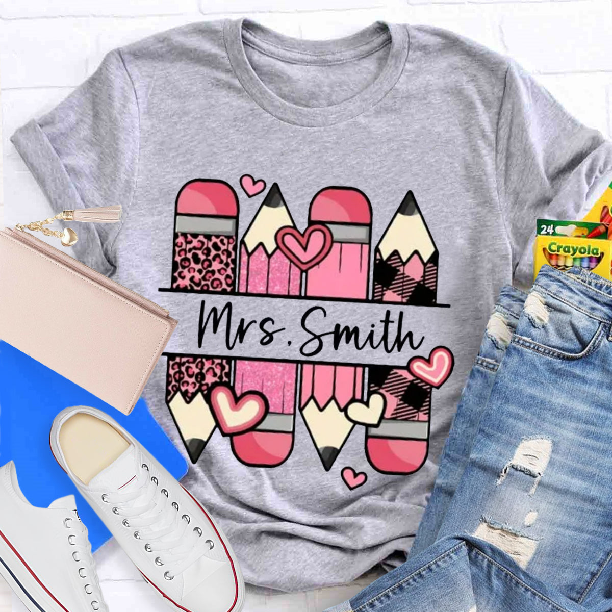 Personalized Name Pink Pencil Heart Mrs Smith T-Shirt