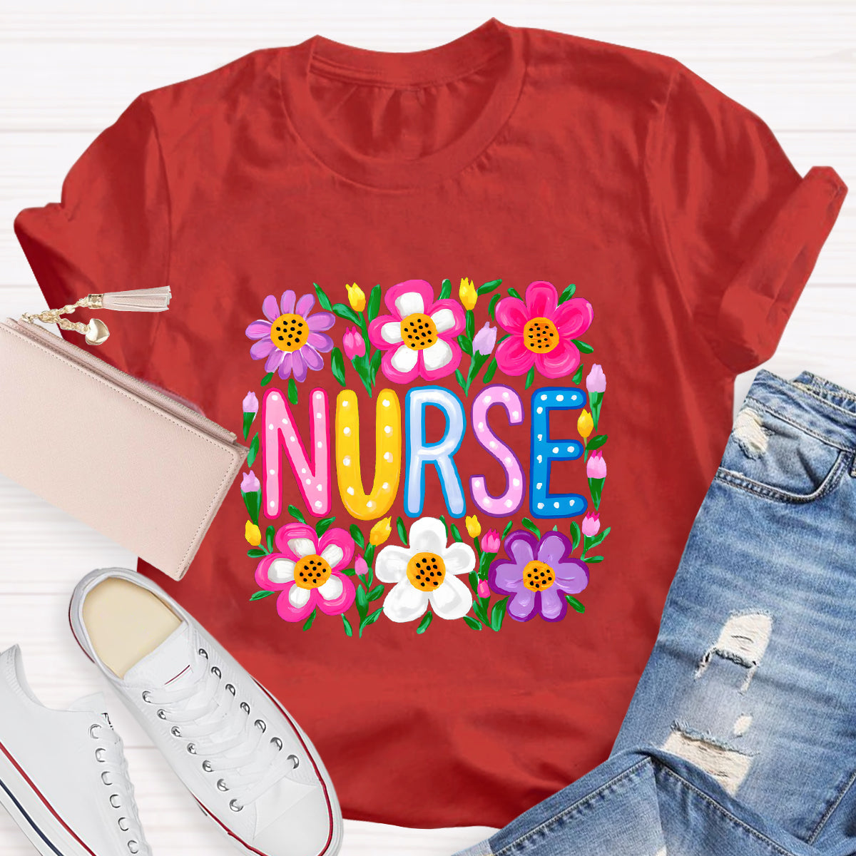 Floral School Nurse T-Shirt