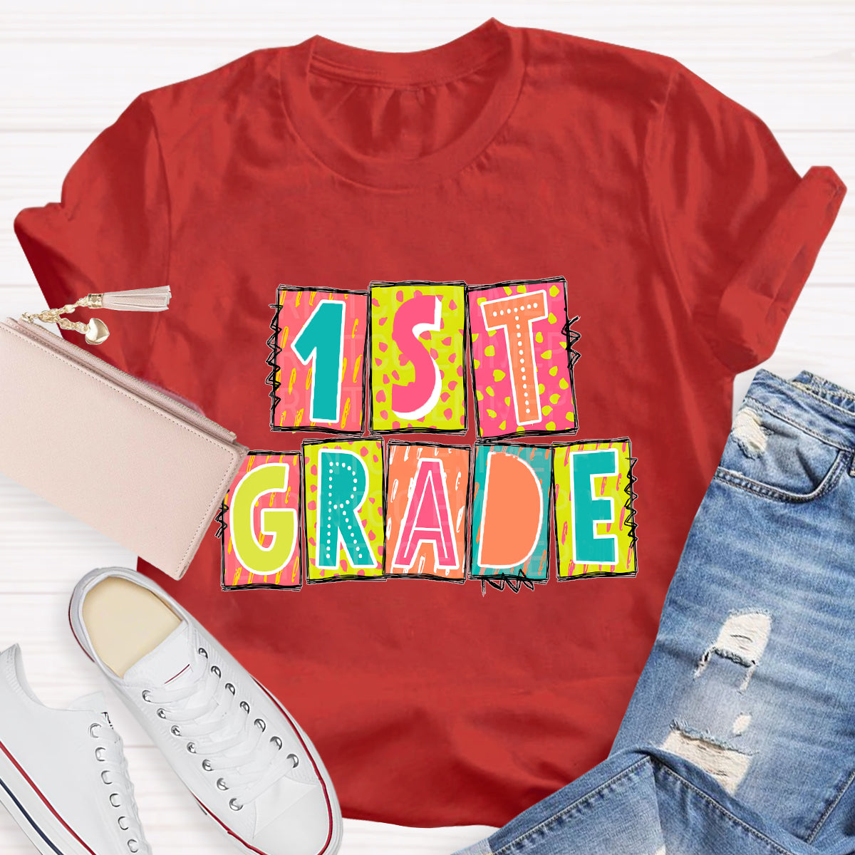 Personalized Grade Personalized Color Block 1st Grade Teacher T-Shirt