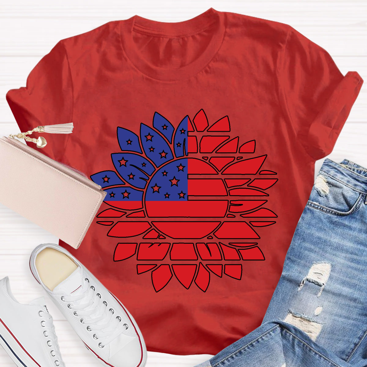 Stars and Stripes Sunflower Teacher T-Shirt