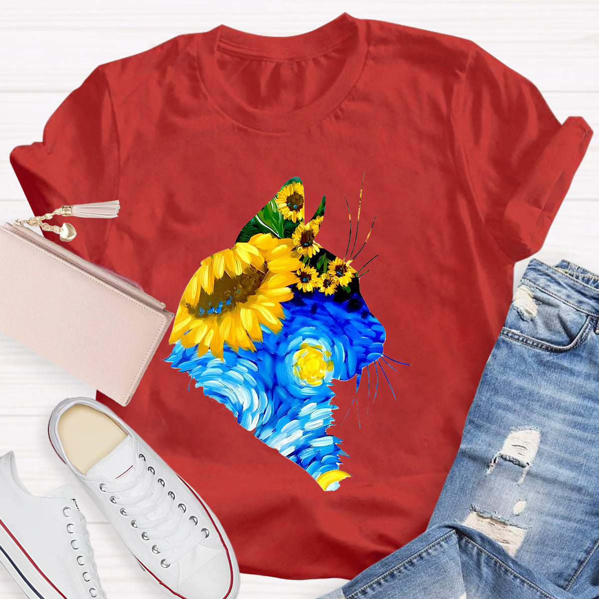 Art Sunflower Cat Teacher T-Shirt