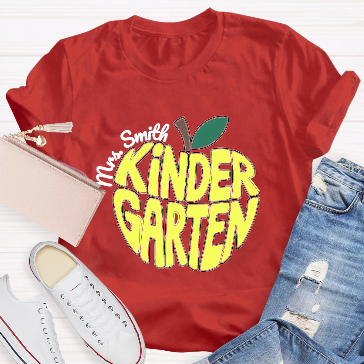 Personalized Kinder Garden Teacher Name Red Apple T-Shirt