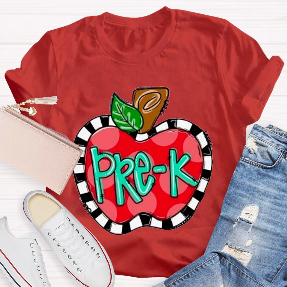 Personalized Grade Teacher Color Block Apple Printed T-Shirt