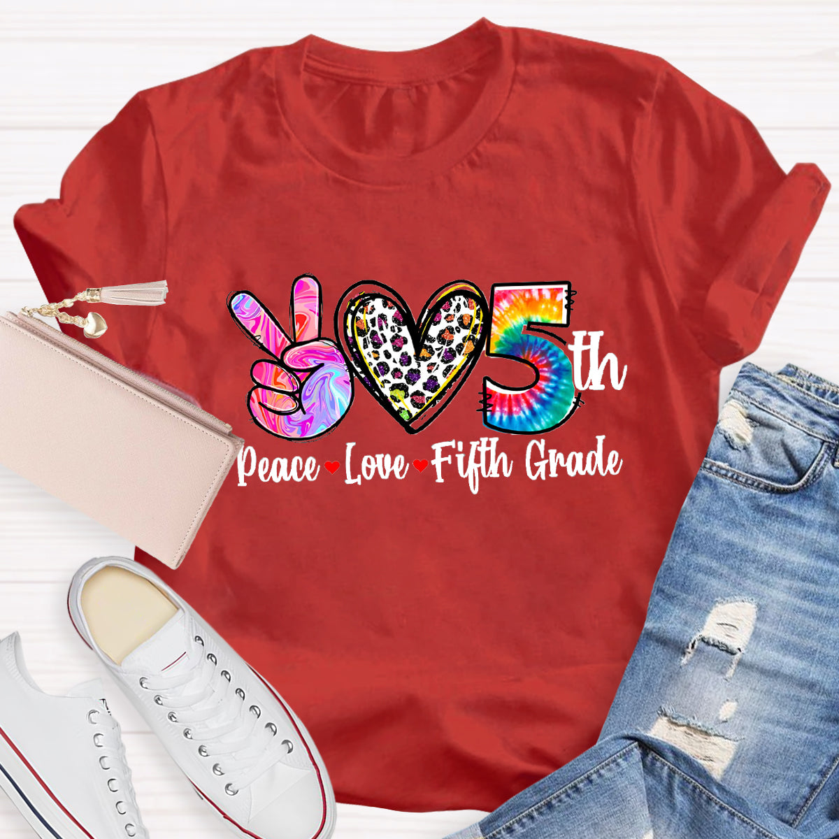 Personalized Grade Peace Love 5th Grade Teacher T-Shirt