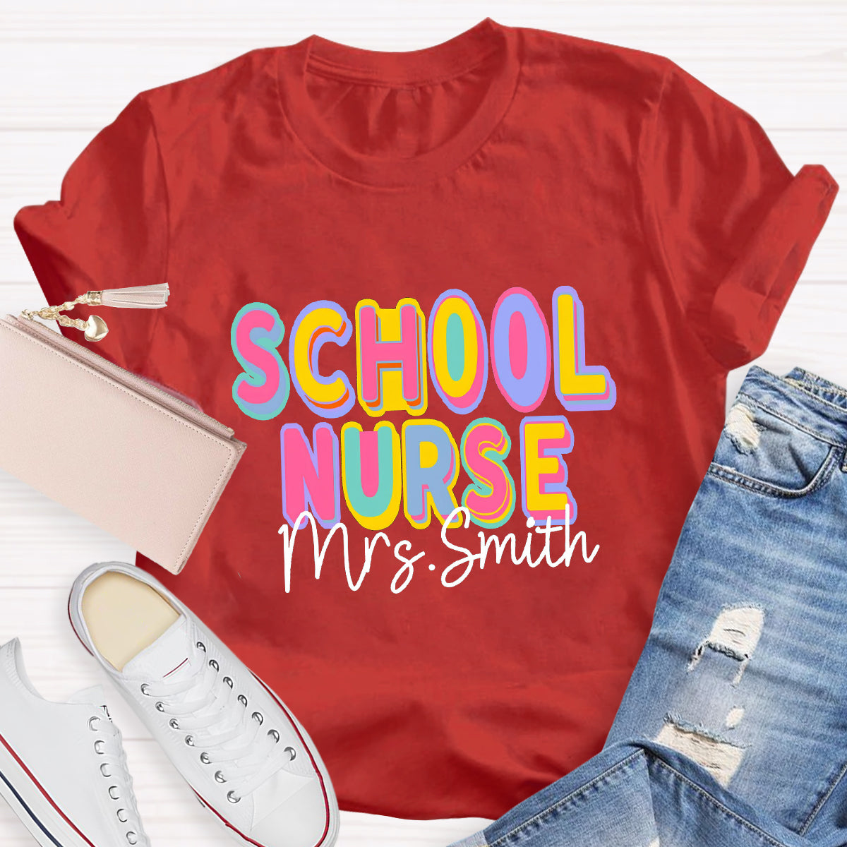 Personalized School Nurse Name Colorful Printed Letter T-Shirt