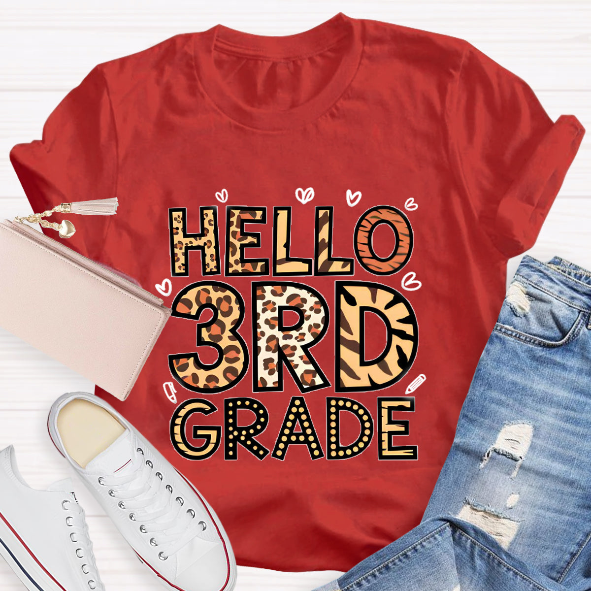 Personalized Grade Hello 3rd Grade Leopard Printed Teacher T-Shirt