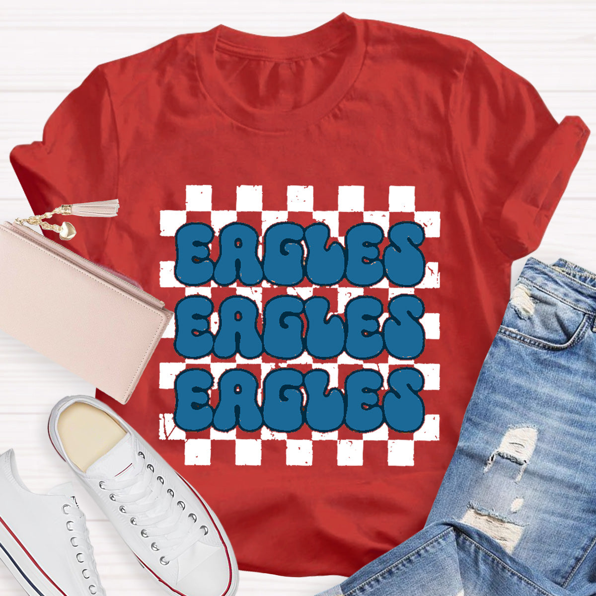 Personalized Mascot Eagles Chessboard pattern Teacher T-Shirt