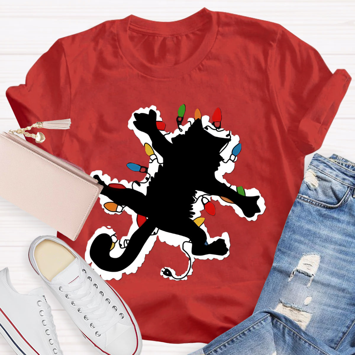 Pussy Cat And Lights Christmas T-Shirt