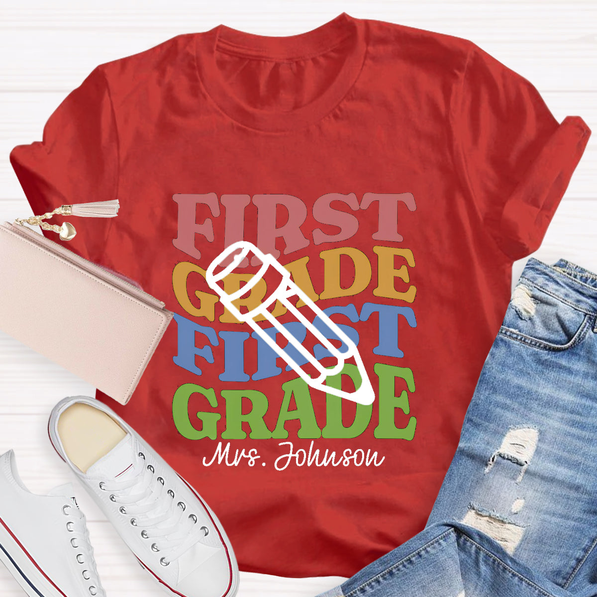 Personalized Teacher Grade And Name Pencil Back To School T-Shirt