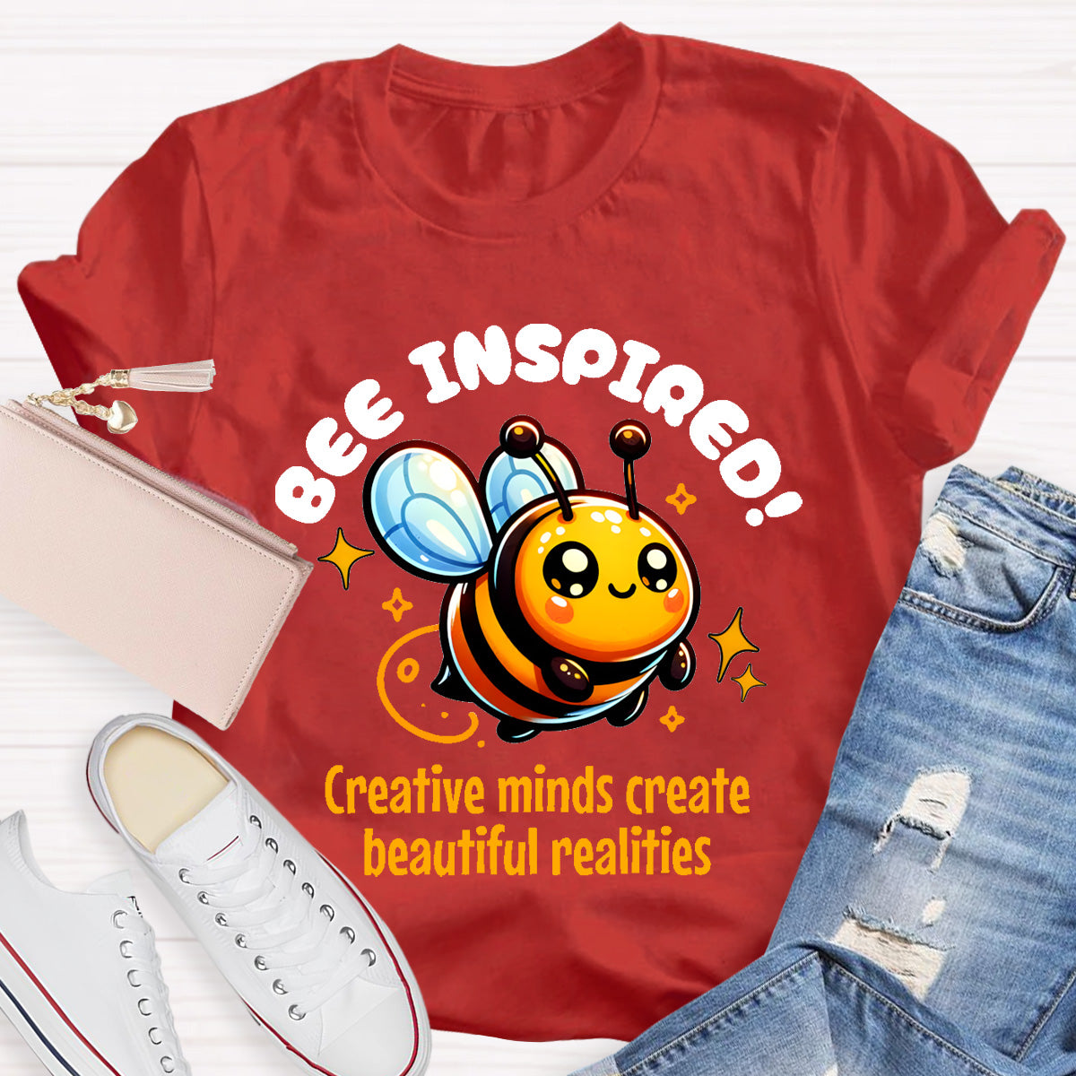 Bee Inspired Creative Minds Create Beautiful Realities Teacher T-Shirt