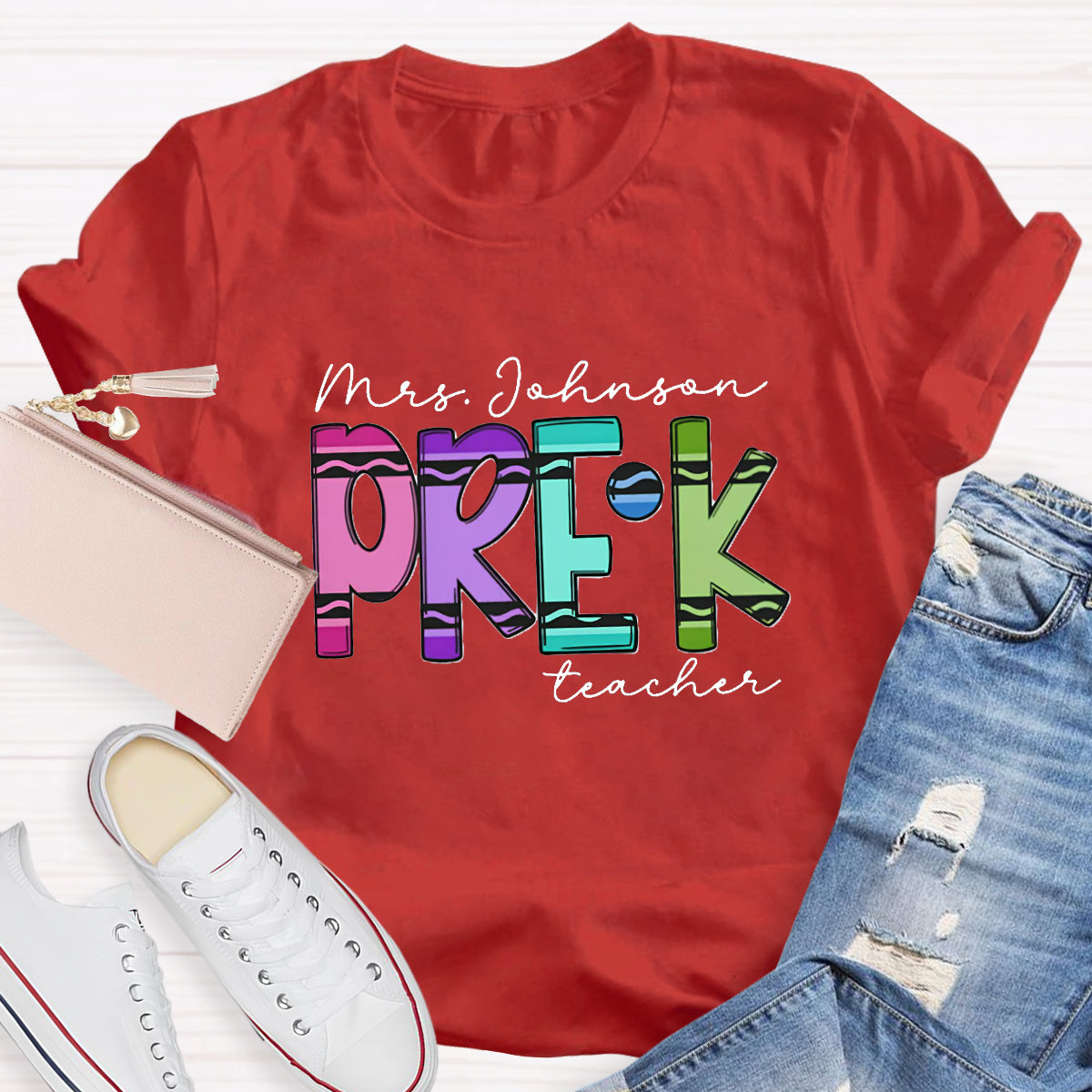 Personalized Grade And Name Crayon Teacher T-Shirt