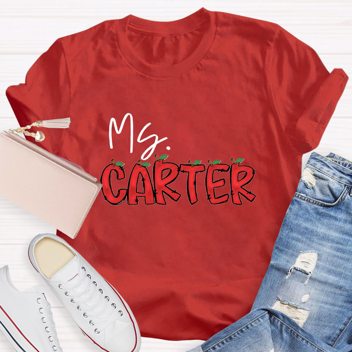 Personalized Teacher's Name Red Apple Letter T-Shirt