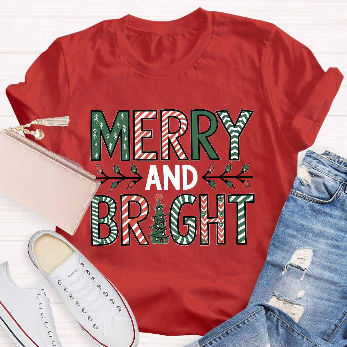 Merry And Bright Christmas Tree Teacher T-Shirt