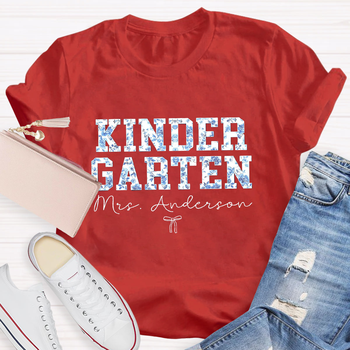 Personalized Kindergarten Teacher Name Blue Flower T-Shirt
