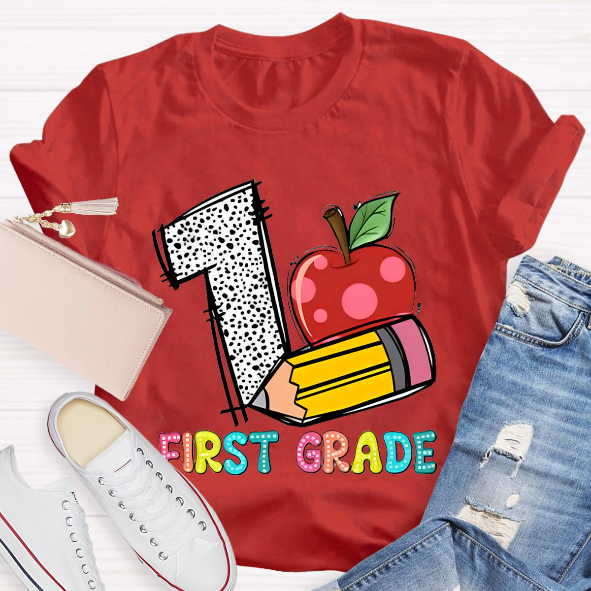 Personalized Grade Apple with First Grade Teacher T-Shirt