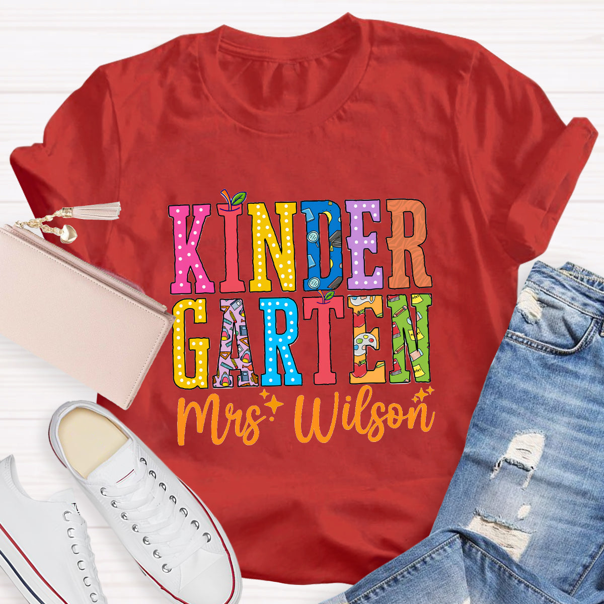 Personalized Teacher Name And Grade Apple Printed T-Shirt