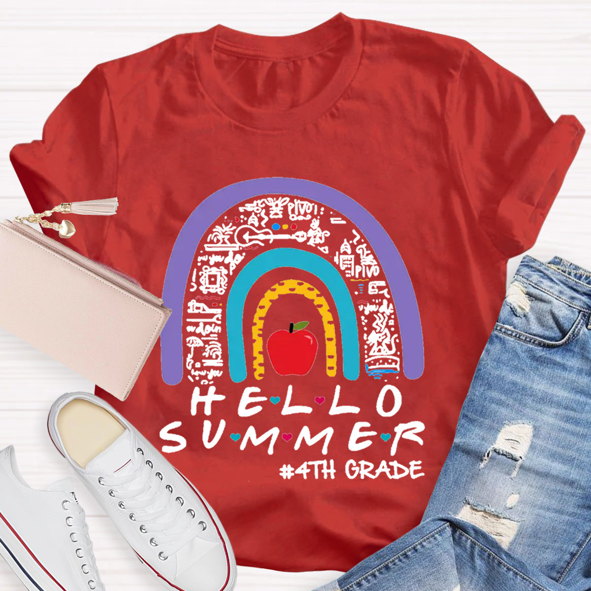 Personalized Grade Hello Summer Apple Rainbow Teacher T-Shirt