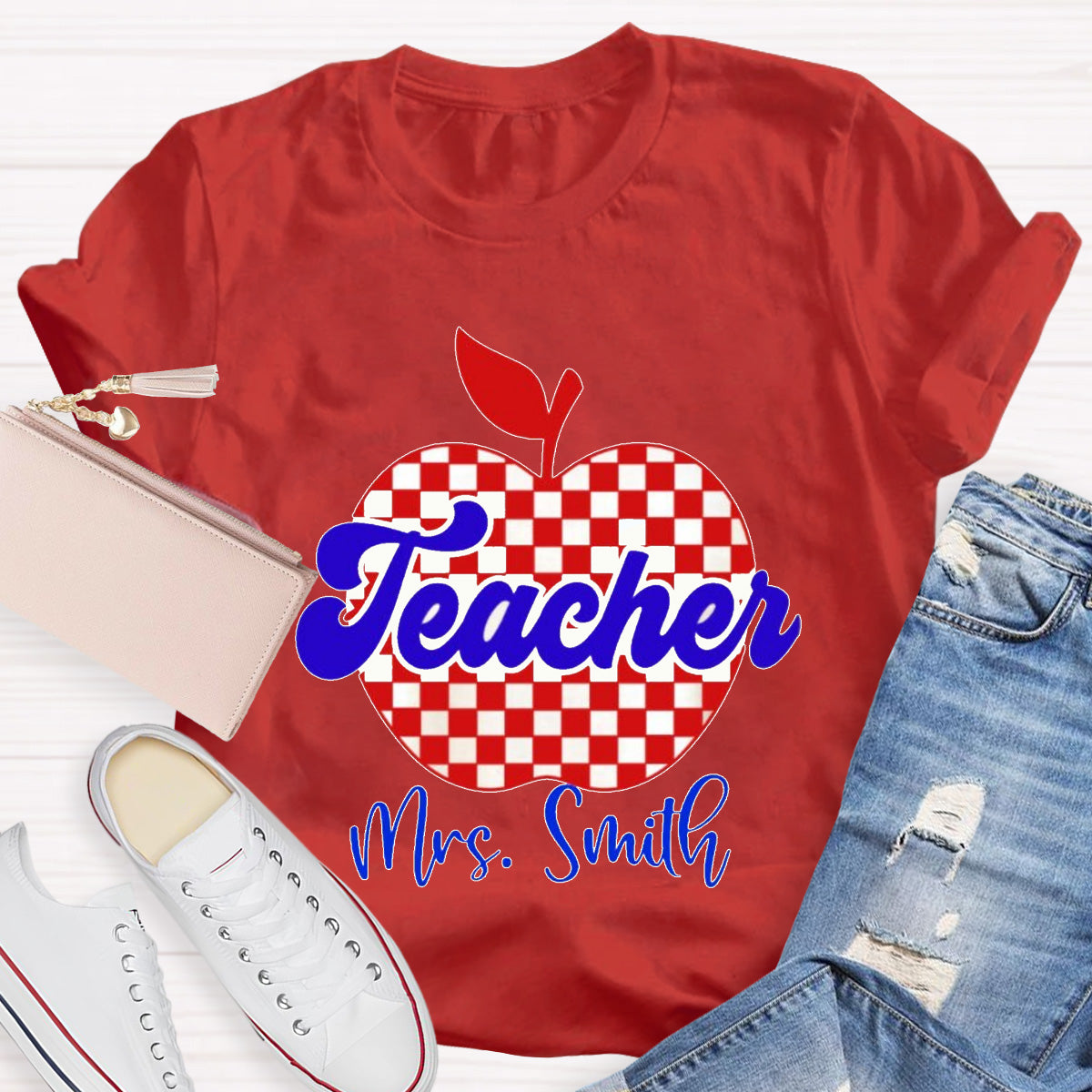 Personalized Name Red Apple Teacher T-Shirt