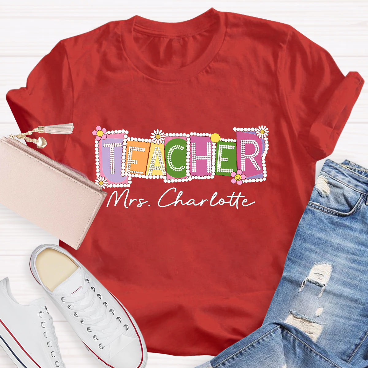 Personalized Teacher Name Contrasting Flowers T-Shirt