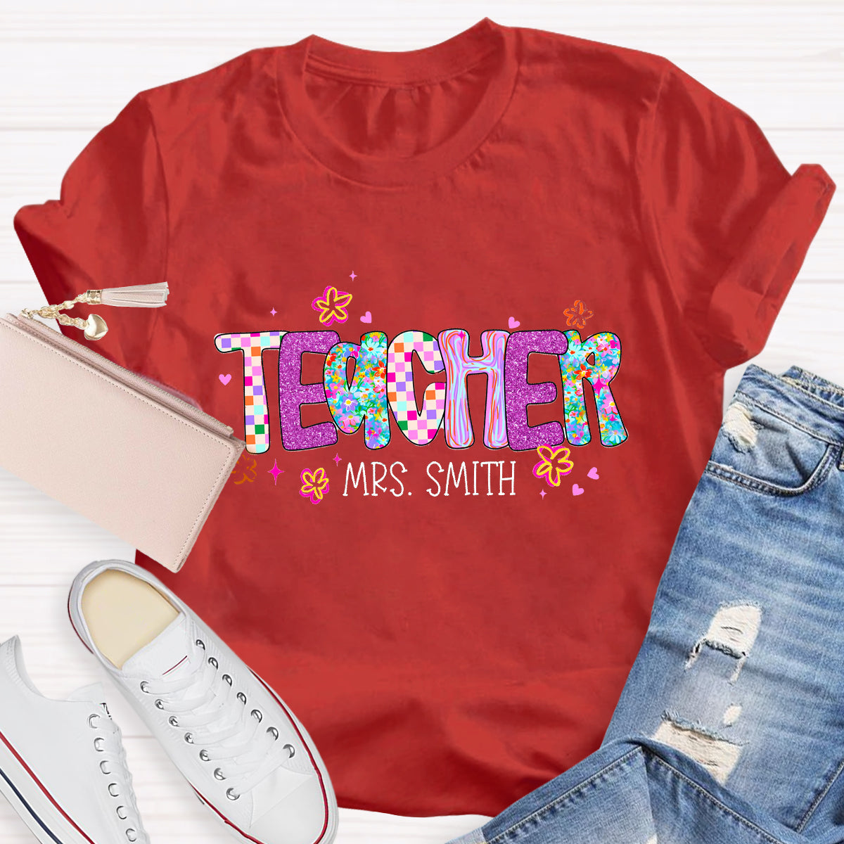 Personalized Teacher Name Pink Plaid T-Shirt