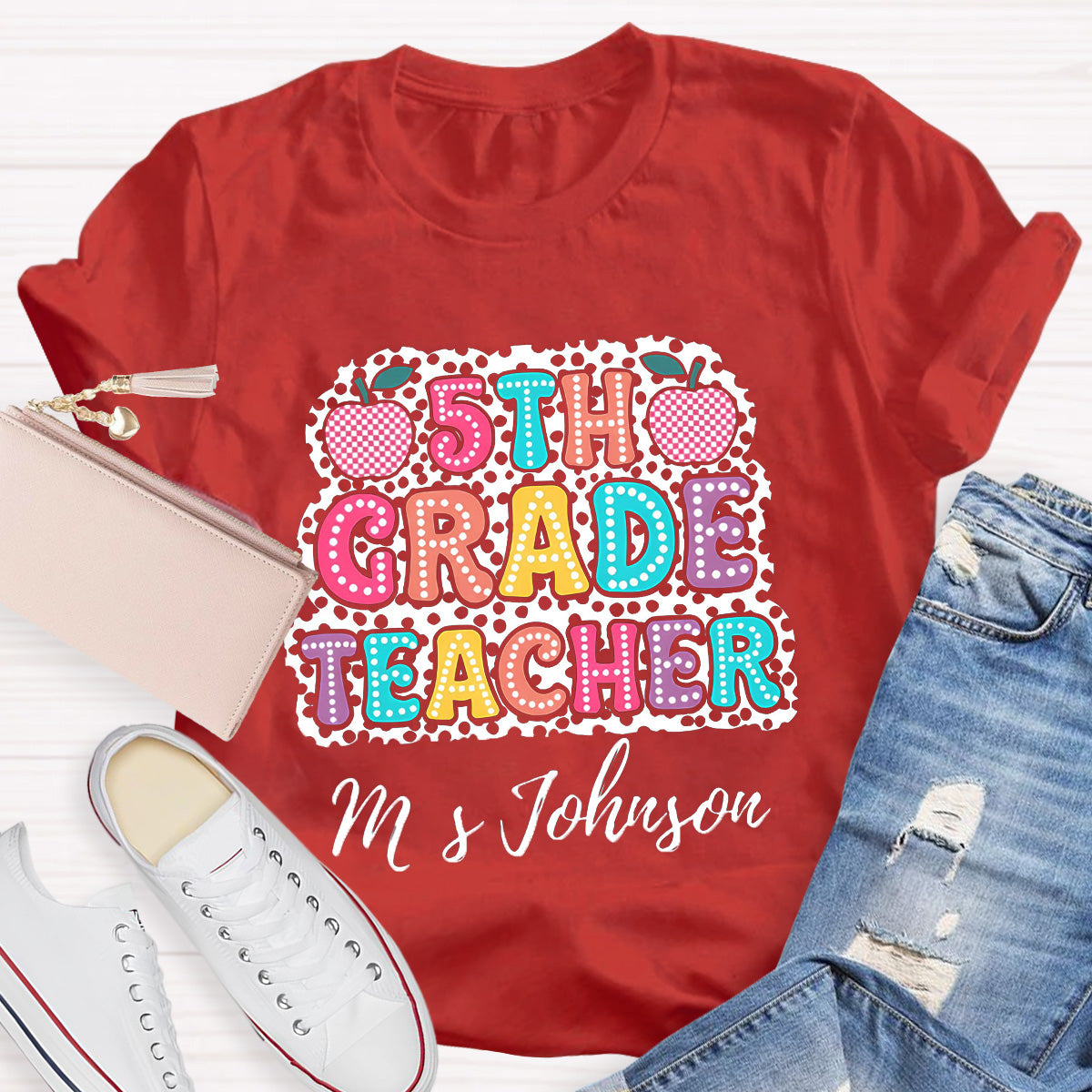 Personalized Name And Grade Checkerboard Apple Teacher T-Shirt