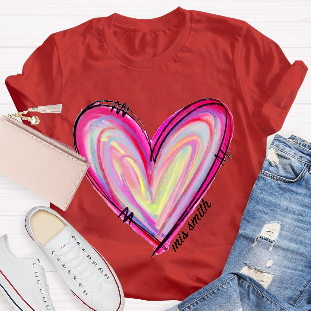 Personalized Name Art Painted Heart Teacher T-Shirt