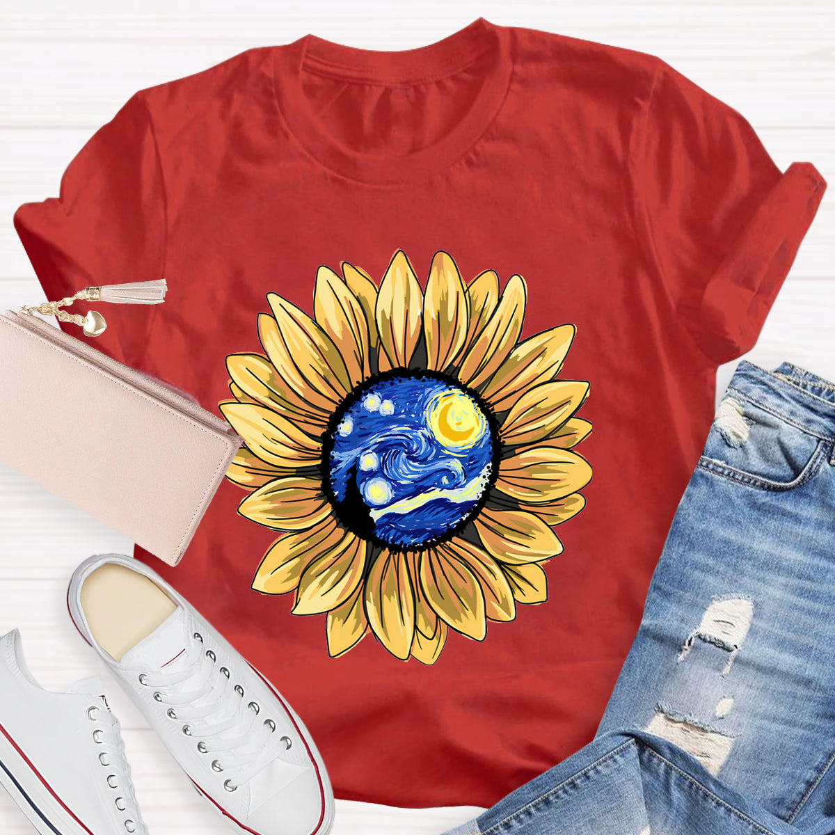 Starry Sky Art Sunflower Teacher T-Shirt