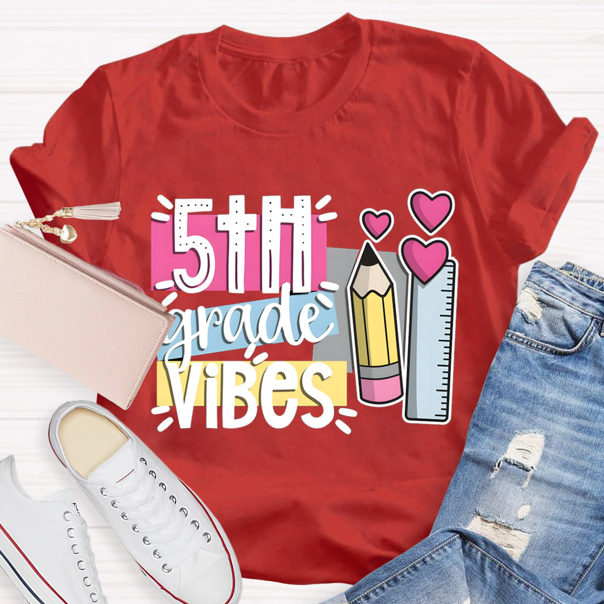 Personalized Grade 5th Grade Vibes Teacher T-Shirt