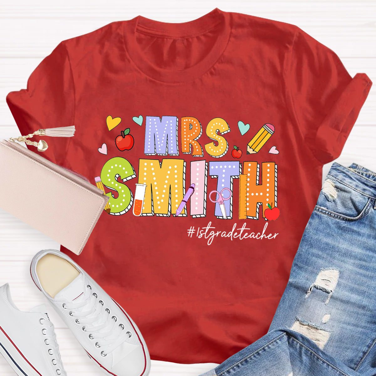 Personalized Name And Grade Heart Teacher T-Shirt