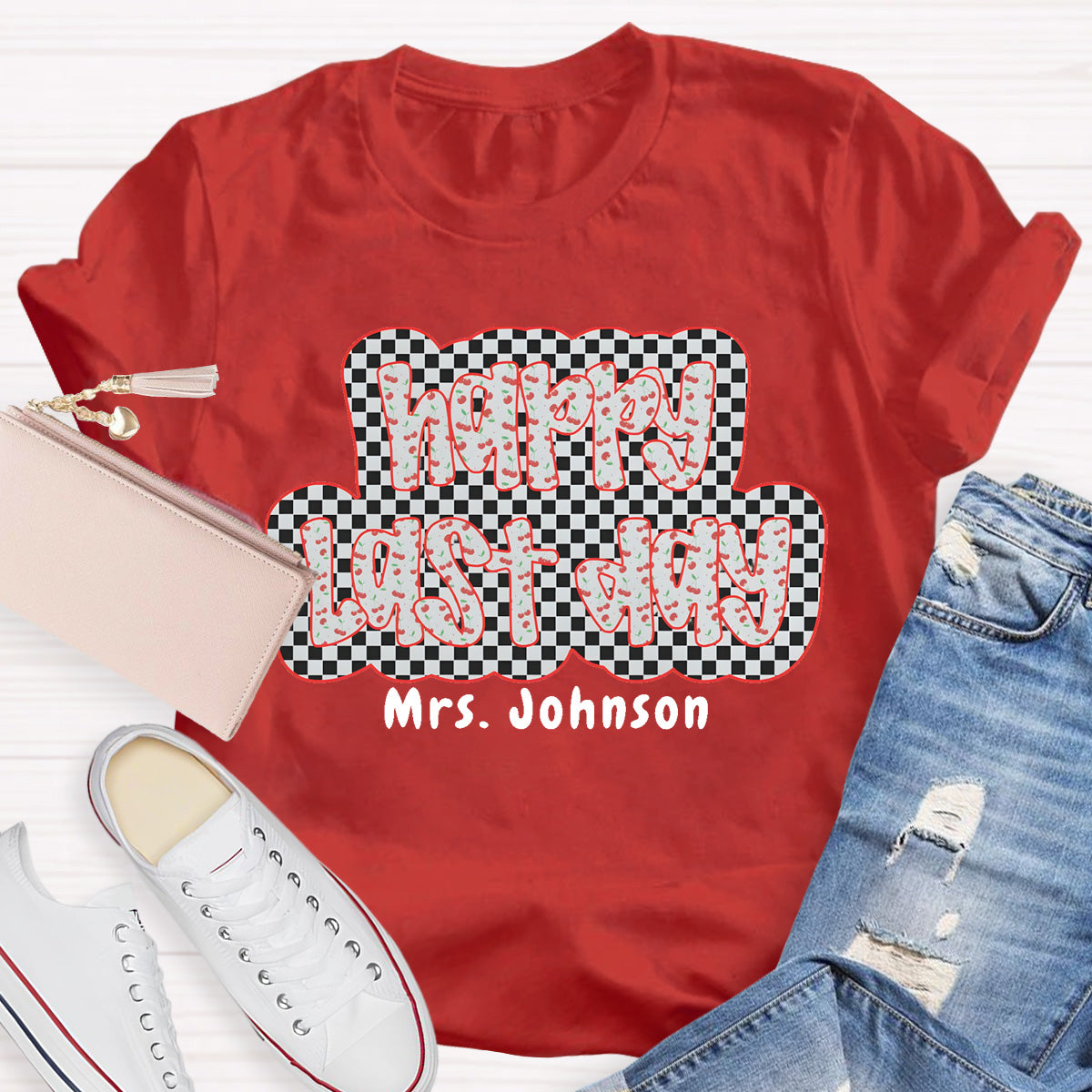 Personalized Name Happy Last Day Checkerboard T-Shirt