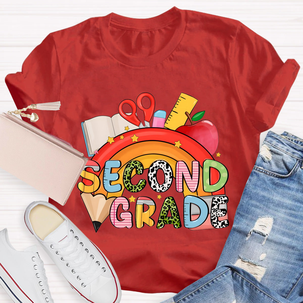 Personalized Grade Pencil Rainbow Second Grade Teacher T-Shirt