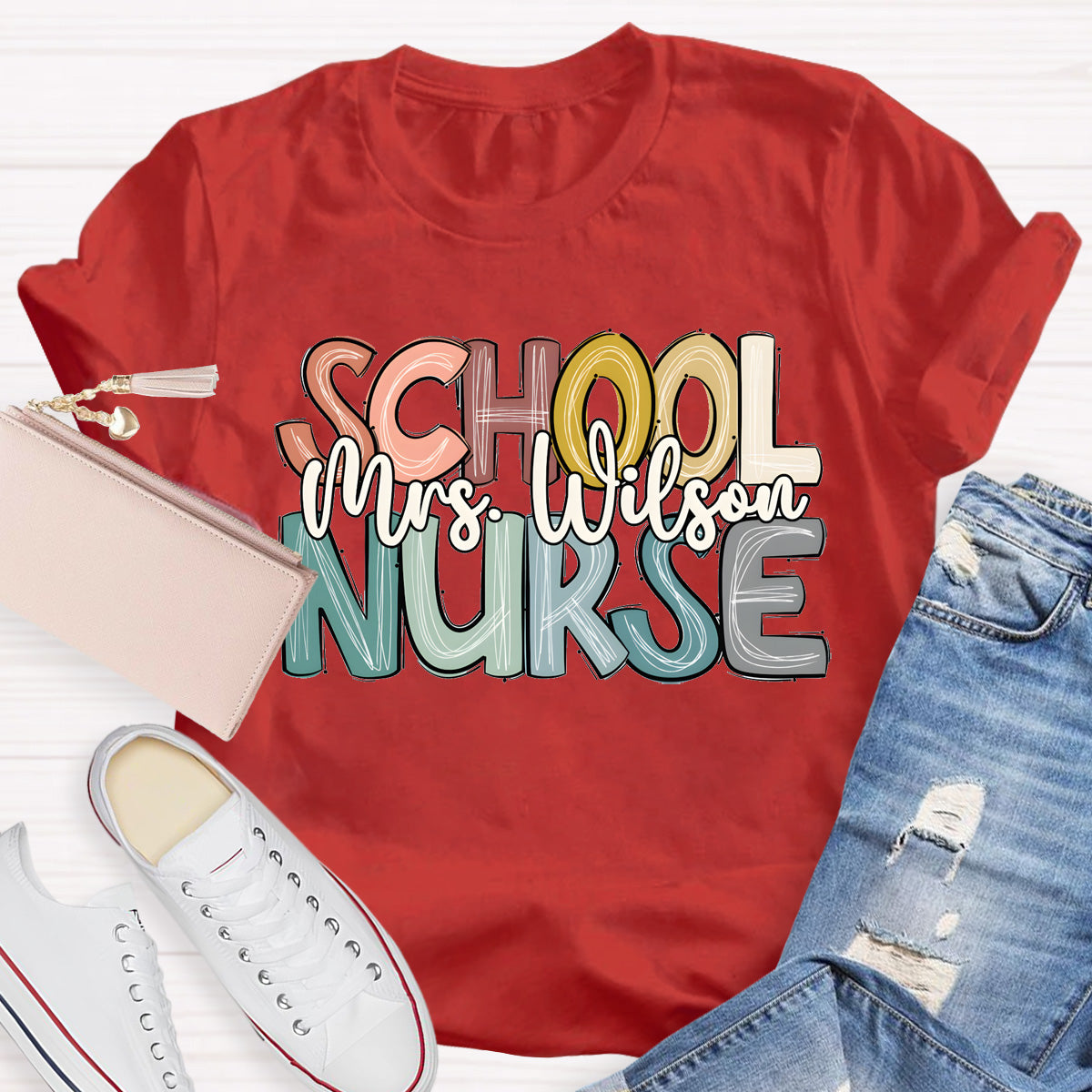Personalized School Nurse Name Colorful Letter T-Shirt