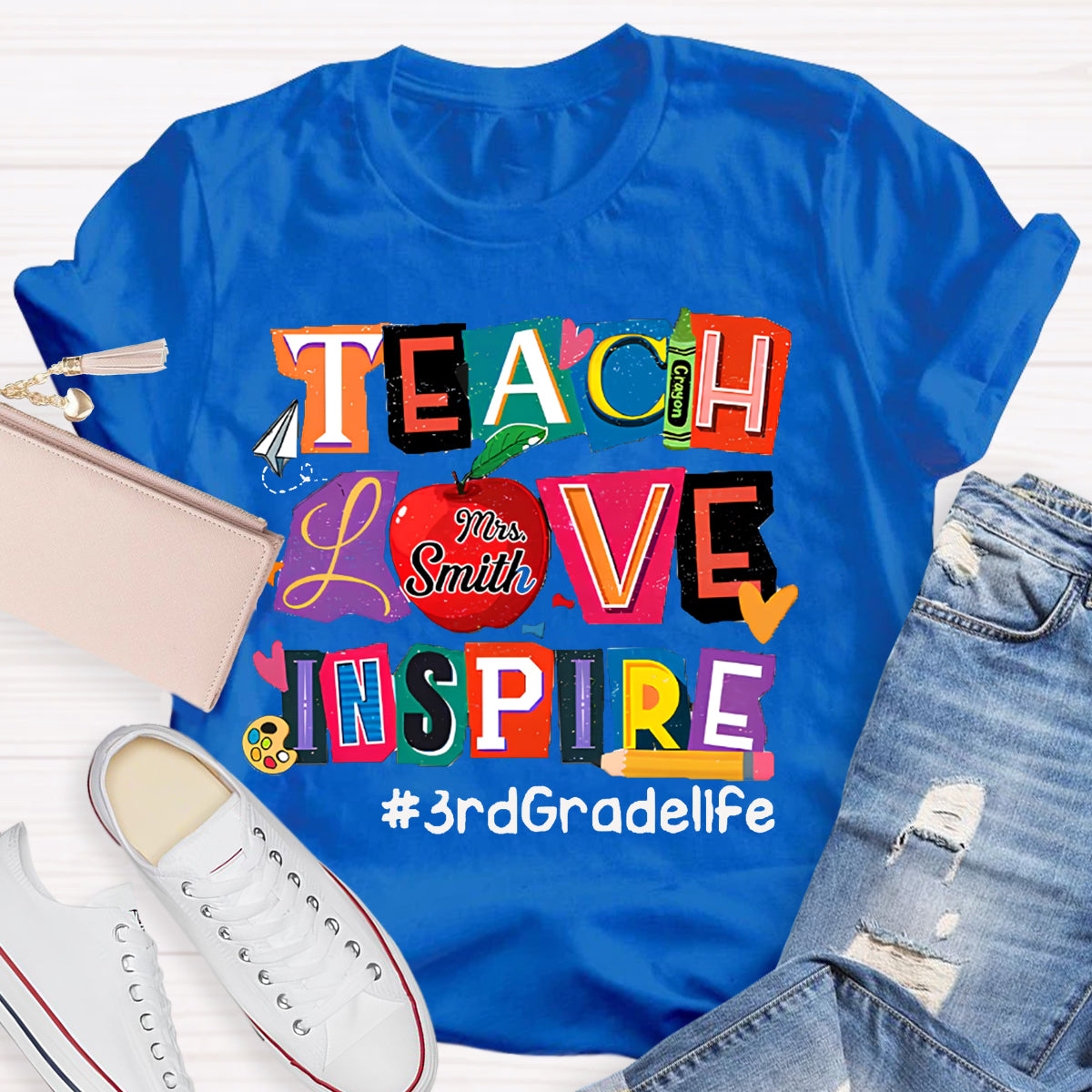 Personalized Name And Grade Teach Love Inspire Teacher T-Shirt