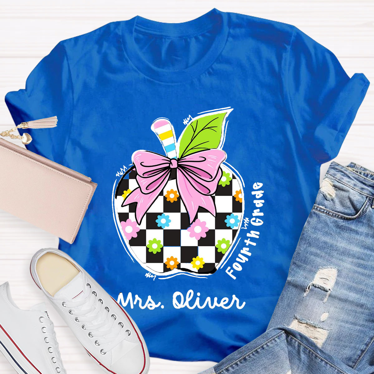Personalized Grade And Name Colourful Check Print Apple T-Shirt
