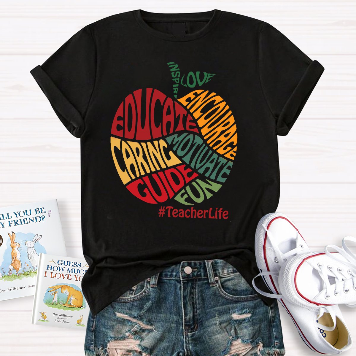 Colorful Apple Typography Caring Guide Educate T-Shirt